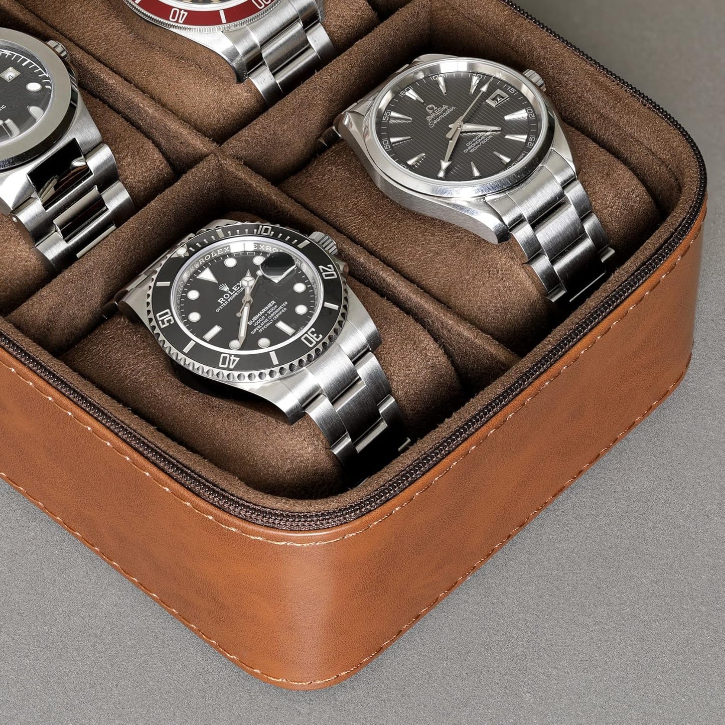 ROTHWELL 5 Watch Travel Case Storage Organizer for 5 Watches | Tough Portable Protection w/Zipper Fits All Wristwatches & Smart Watches Up to 50mm (Tan/Brown)