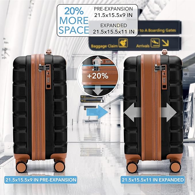 Flight Knight 21.5x15.5x9 Expandable Carry On Suitcase Hardside TSA Lock & USB C Port Lightweight Luggage Silent Double Spinner Wheels Maximum Canada Air Overhead Bag Airlines Approved Black/Tan