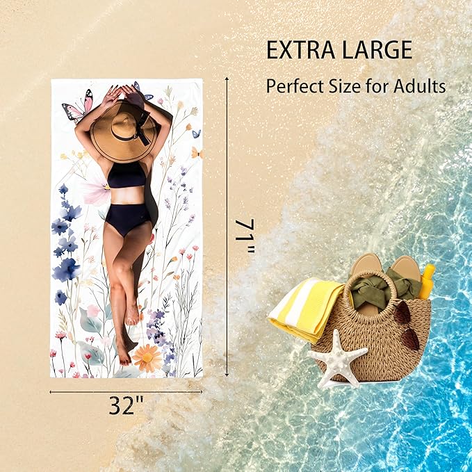 Wildflowers Oversized Sand Free Beach Towel – 71"X32" Lightweight Quick Dry Microfiber Terry Towel For Travel, Swimming, Pool, And Camping, Absorbent And Compact Beach Essential For Women And Men