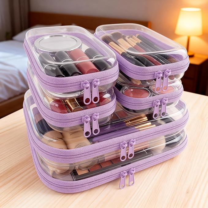 6Pcs/2M+4S Clear Hard Shell Zippered Travel Case – Plastic Organizer Pouch for Toiletries, Cosmetic Bag, Diaper Bag & Packing Accessories (Purple, Set C)