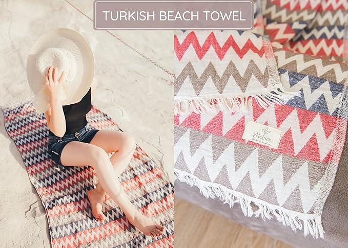Turkish Beach Towel 35”x67” – 100% Cotton, Quick Dry, Lightweight Oversized Beach Towel for Pool & Travel – Zig Zag Navy Red Color