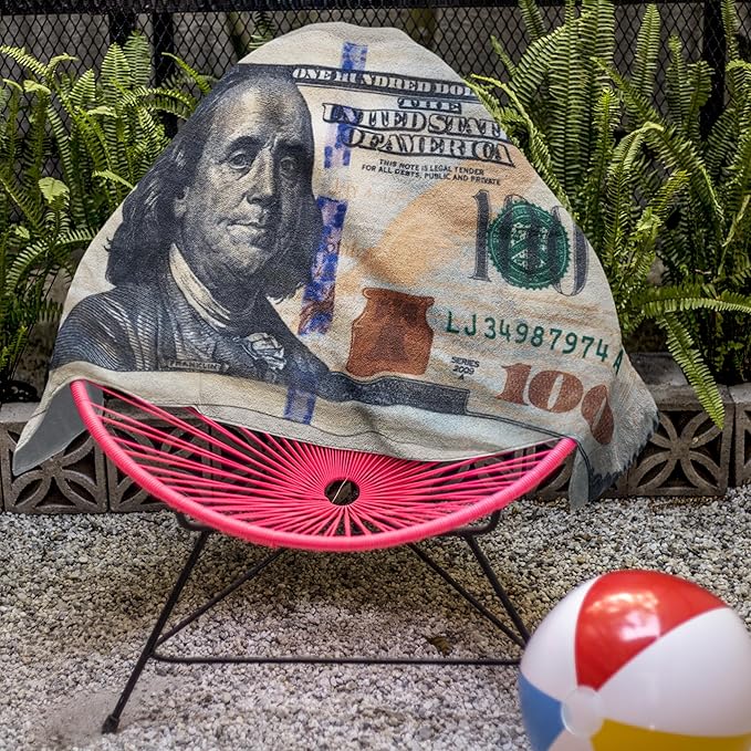 $100 Bill Money Beach Towel 30”x60” - Soft Cotton Velour, Highly Absorbant, Fast Drying, Easy-Pack for Spring Break, Vacation, Beach, Pool or Sunbathing - Lightweight, Compact for Travel-Novelty Gift