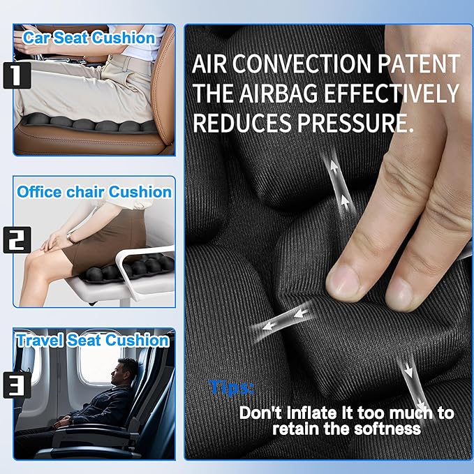 Upgrade Travel Seat Cushion for Airplane,Portable&Adjustable Air Seat Cushion,Coccyx Tailbone Pain Relief Chair Pad,Inflatable Cushion for Wheelchair, Travel,Driving,Office Work