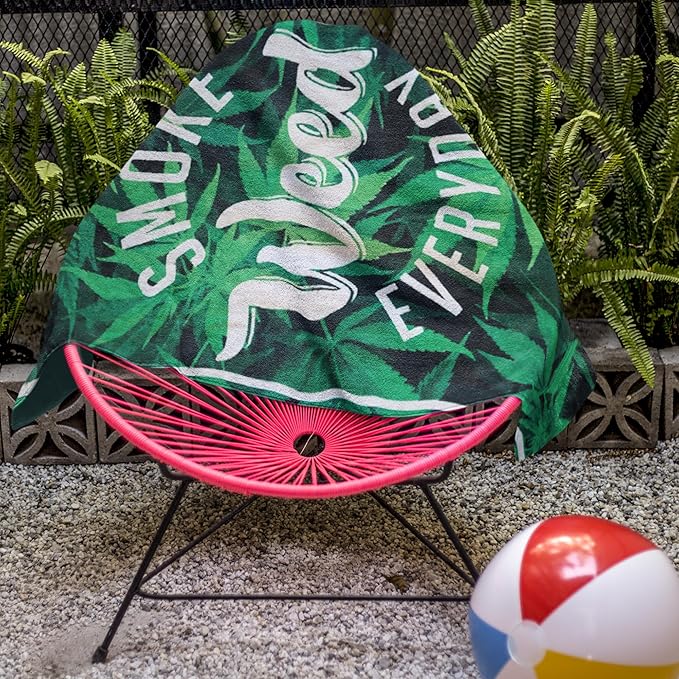 Smoke Weed Every Day Beach Towel 30”x60” – 100% Cotton Velour, Absorbent, Quick-Dry, Easy-Pack for Spring Break, Vacation, Beach, Pool, or Sunbathing – Lightweight, Compact for Travel – Novelty Gift
