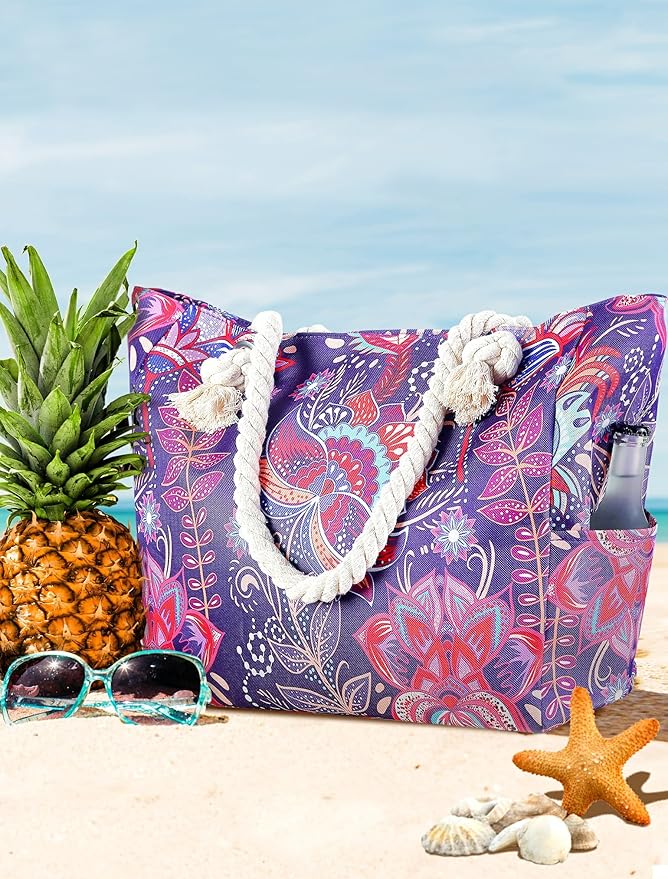 TESALATE Large Canvas Beach Tote Bag Waterproof Sand proof for Women Her Swim,Travel,Shopping,Gym,Cruise Essentials Gear