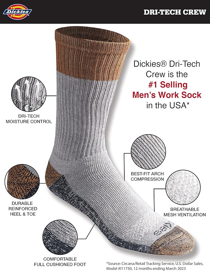 Dickies Men's Dri-Tech Original Moisture Control Crew Socks, Available in M-XXL (6, 12, 18 Pairs)