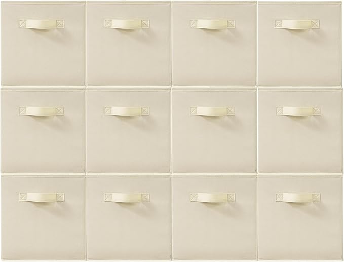 11 Inch Fabric Storage Cubes, Sturdy Foldable Storage Bins, Heavy Duty Cube Organizer for Clothes, Blankets, Shelves, Closets, Bedroom, Living Room, Beige, 12 Pack