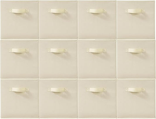 11 Inch Fabric Storage Cubes, Sturdy Foldable Storage Bins, Heavy Duty Cube Organizer for Clothes, Blankets, Shelves, Closets, Bedroom, Living Room, Beige, 12 Pack