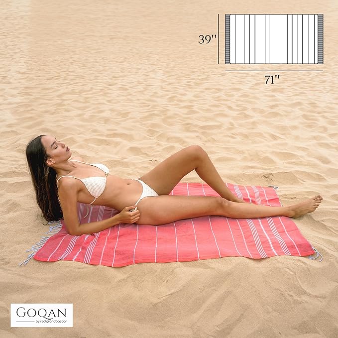 GOQAN Turkish Beach Towel Oversized 39x71 | Thin, Lightweight, 100% Cotton and Sand Free Towel is Suitable for Beach, Travel, Swim & Gift | Odor Free - Red