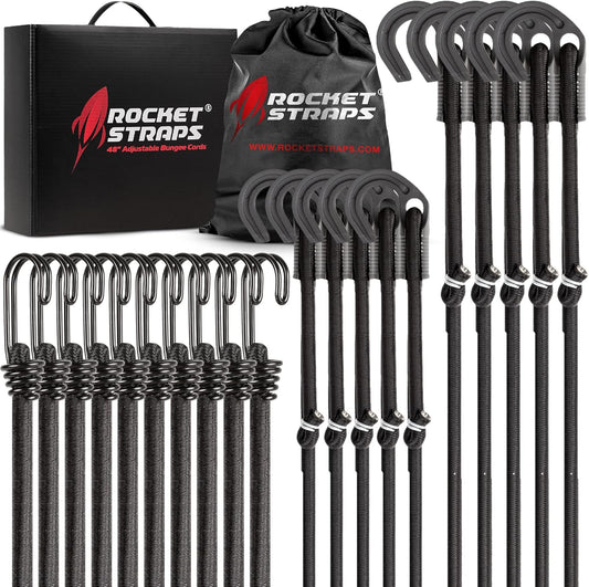 Rocket Straps - Ultimate Adjustable Outdoor Bungee Cord Assortment - Heavy Duty Set of 20 Bungee Cords (48") Double-J Hooks - Elastic Straps for Camping, Securing, and DIY Multipurpose