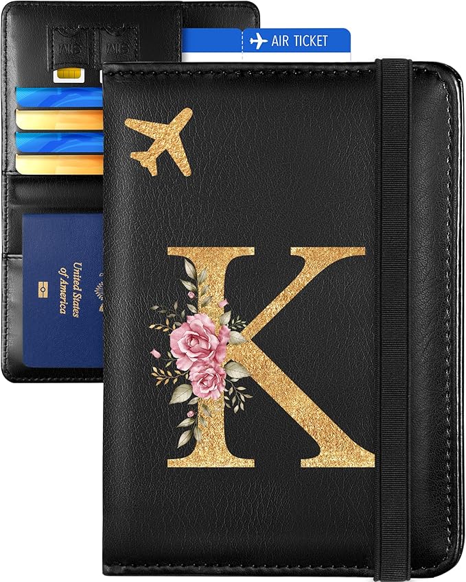 Slohif Initial Passport Holder Cover Wallet Case for Travel Women - Leather Letter Passport Book Family Multiple Personalized Organizer Slim Carrier Card Slots Protector Sleeve Essentials Black K