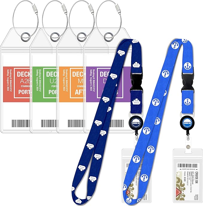 Carnival Cruise Luggage Tag Holders (4 Pack) & Lanyards (2 Pack), Large, Clear & Waterproof, Cruise Essentials 2026-2027 for Ship Cards & Baggage – Durable Travel Accessories (Blue & Royal)