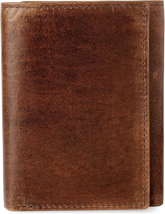 BULL GUARD Leather Trifold Wallets For Men In Grizzly Brown with ID and RFID Blocking Great For Work, Sports, Outdoors, No Logo Design