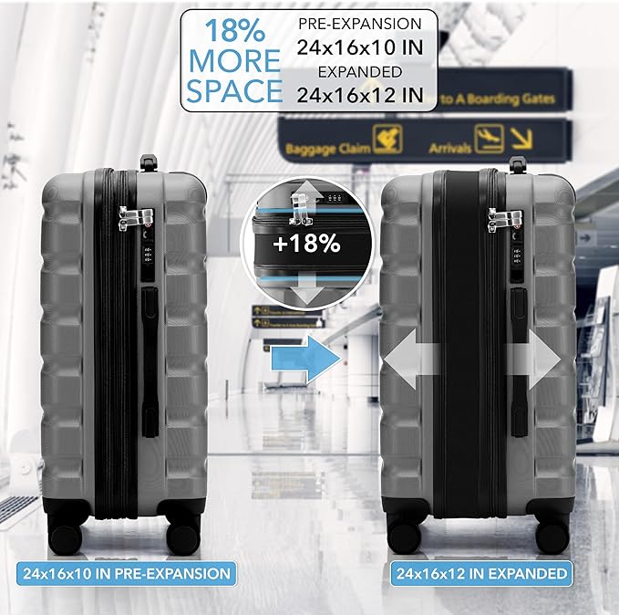 Flight Knight 24x16x10 Expandable Carry On Suitcase Hardside TSA Lock USB C Lightweight Luggage Silent Double Spinner Wheels Maximum Overhead Carry-On Bag For Virgin South West Approved Charcoal