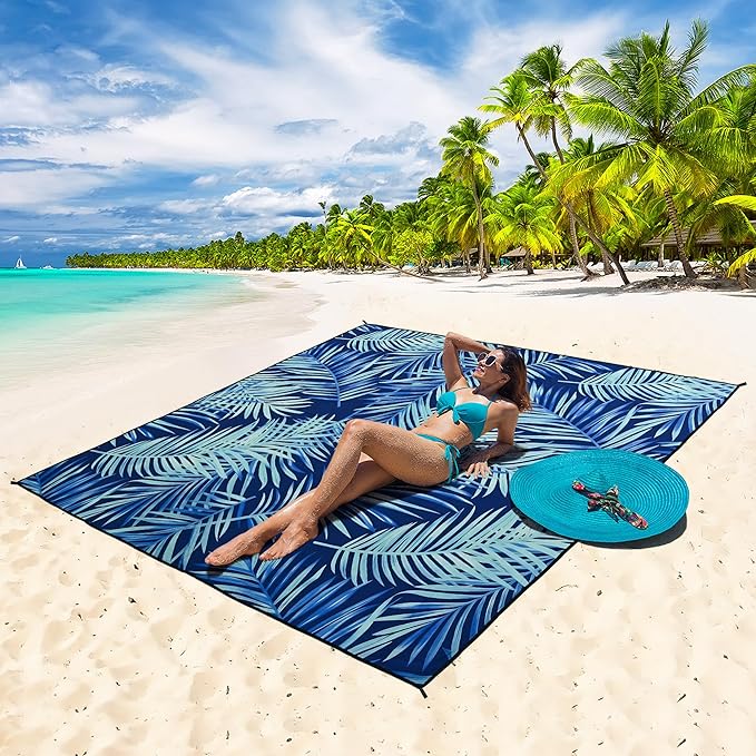 Beach Blanket Waterproof Sandproof Beach Mat 79" X 83"/10'x9'for 2-8 Adults Quick Drying Outdoor Picnic Mat Beach Accessories for Travel, Camping, Hiking