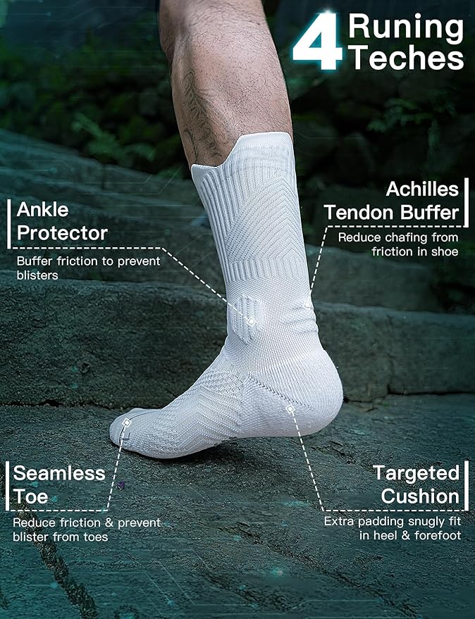 Compression Running Socks, Bamboo Viscose Coolmax Moisture-Wicking Anti-Blister Athletic Hiking Workout Gym Padded