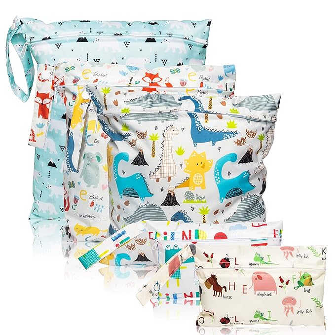 R HORSE 5Pcs Waterproof Reusable Diaper Baby Cloth Wet Dry Bags with 2 Zippered Pockets Travel Beach Pool Bag with Polar Bear Dinosaur Animal Alphabet Crocodile Pattern (3 Sizes)
