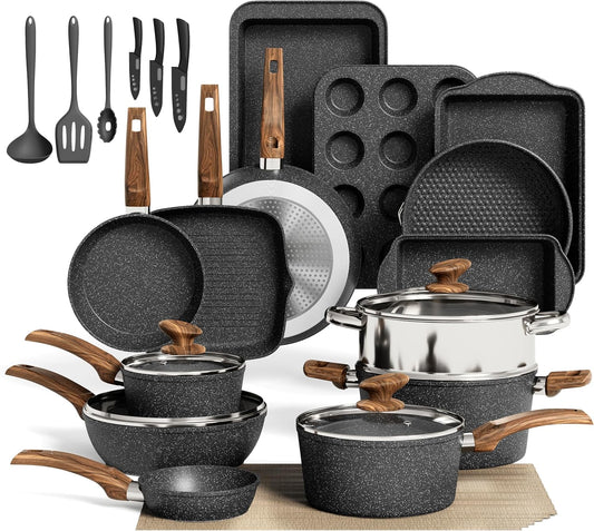 MAISON ARTS 30 Piece Pots and Pans Set Non Stick, Kitchen Cookware & Bakeware Sets with Nonstick Granite Coating, Baking Tray, Frying Pan and Saucepan, Black