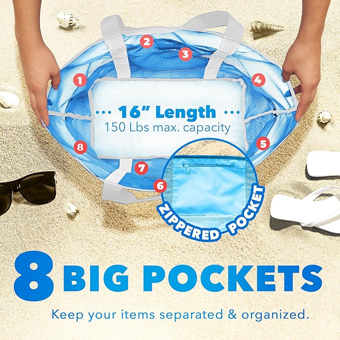 Dejaroo Mesh Sand Free Bag - Strong Lightweight Bag For Beach & Vacation Essentials. Tons of Storage!