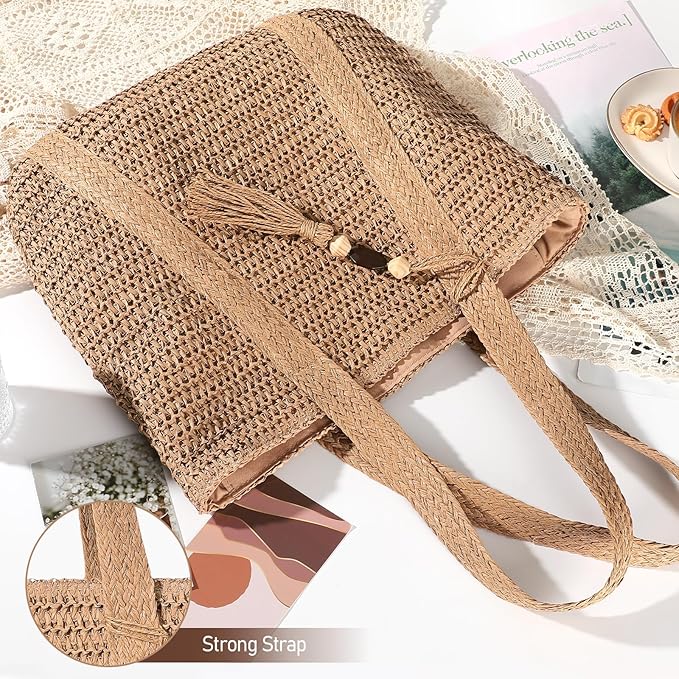 Pleneal Straw Beach Bags for Women - Women Beach Handmade Woven Tote Bag, Summer Mesh Hollow Shoulder Bag for Holiday