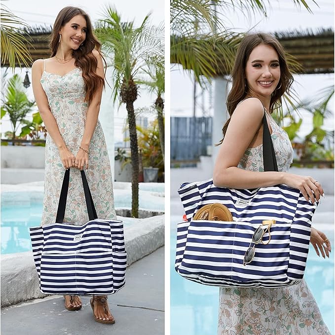 HOMESPON Large Waterproof Beach Bag for Women Sandproof Tote Bag Pool Bag with Zipper and Pockets for Travel Vacation Gym