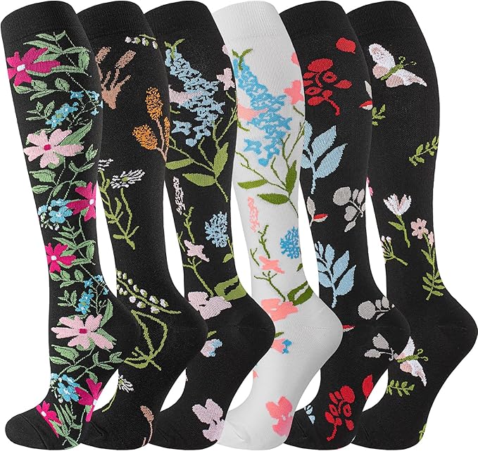 bropite Flora Compression Socks for Women & Men-Knee high 6 Pairs 20-30mmhg Support Running Nurse Travel