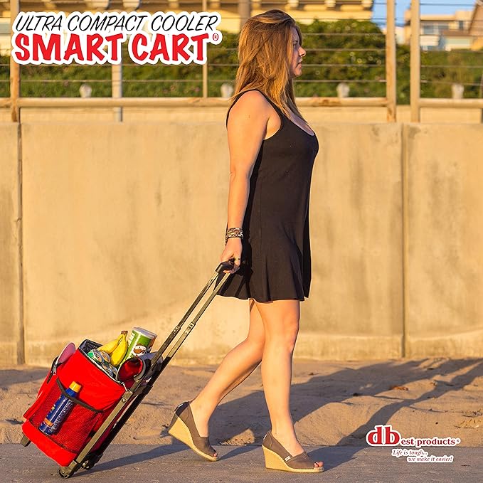 dbest products Ultra Compact Cooler Smart Cart, Red Insulated Collapsible Rolling Tailgate BBQ Beach Summer