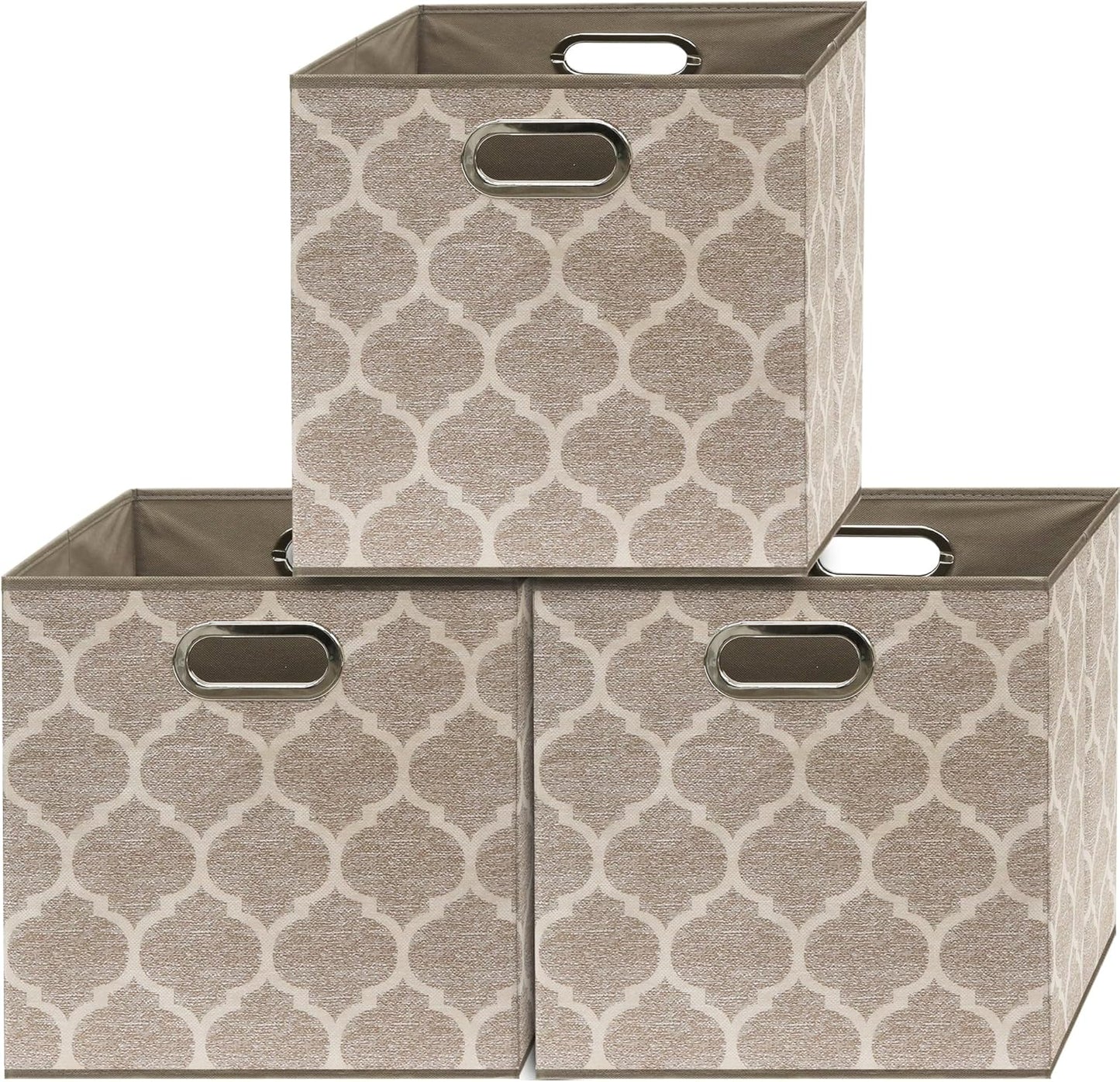 SIMPLE HOUSEWARE 13-Inch Collapsible Fabric Cube Storage Bin with Handles, Printed Design, 3 Pack, Beige