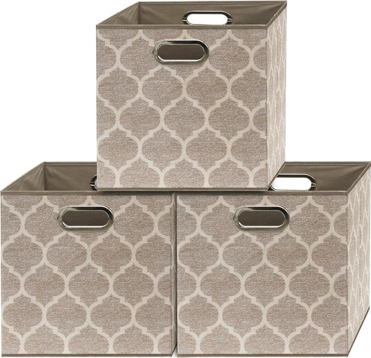 SIMPLE HOUSEWARE 13-Inch Collapsible Fabric Cube Storage Bin with Handles, Printed Design, 3 Pack, Beige