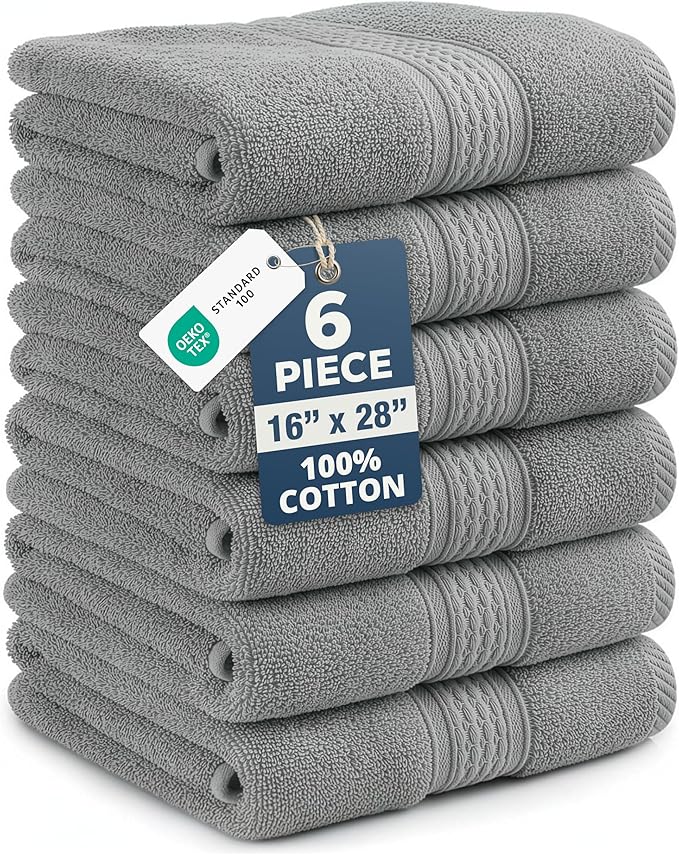 Grey Hand Towels for Bathroom - Pack of 6 (16" x 28") - 100% Cotton Double Stitched Edges - Ultra Soft, Quick Dry & Highly Absorbent - Everyday Comfort Hand & Face Towels for Family and Gym Use - Grey