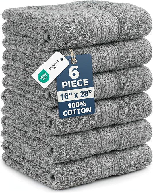 Grey Hand Towels for Bathroom - Pack of 6 (16" x 28") - 100% Cotton Double Stitched Edges - Ultra Soft, Quick Dry & Highly Absorbent - Everyday Comfort Hand & Face Towels for Family and Gym Use - Grey