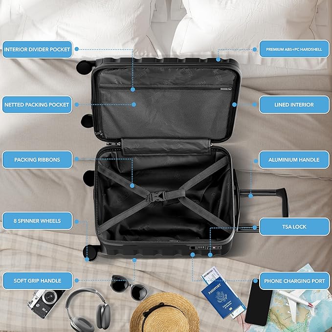 Flight Knight 21.5x15.5x9 Expandable Carry On Suitcase Hardside TSA Lock & USB C Port Lightweight Luggage Silent Double Spinner Wheels Maximum Canada Air Overhead Bag Airlines Approved Black