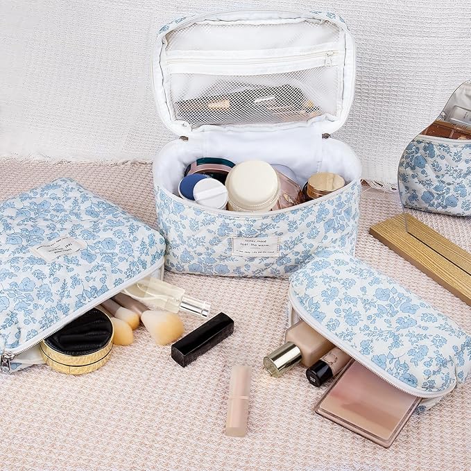 Makeup Bag Set, Quilted Makeup Bag, Large Floral Cosmetic Bag for Women, Cute Cotton Makeup Bags, Flower Travel Toiletry Organizer Bag (Blue Peacock Flower)