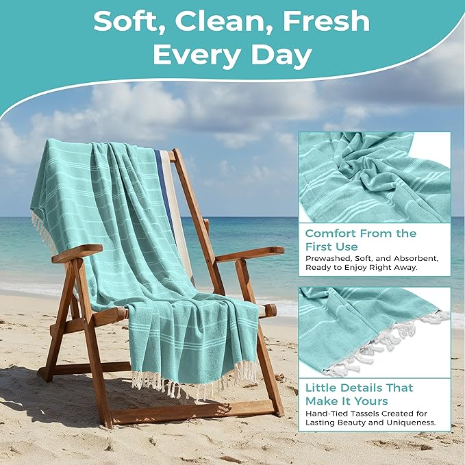 Turkish Beach Towel with Hidden Zipper Pocket 100% Cotton Oversized 72 x 37 Inches Quick Dry Sand Free Lightweight Compact for Beach, Pool, Travel, Bath, and Yoga (Light Turquoise)