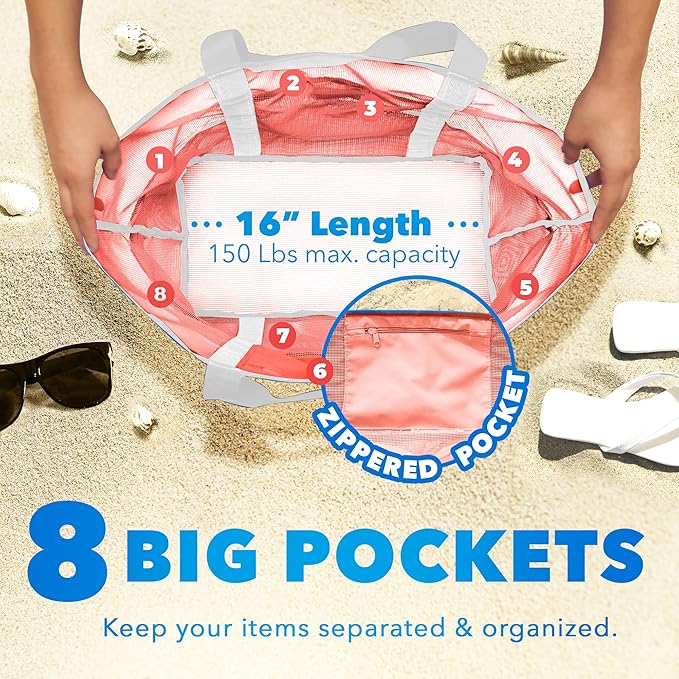 Dejaroo Mesh Sand Free Bag - Strong Lightweight Bag For Beach & Vacation Essentials. Tons of Storage!