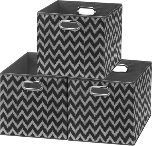 SIMPLE HOUSEWARE 13-Inch Collapsible Fabric Cube Storage Bin with Handles, Printed Design, 3 Pack, Black