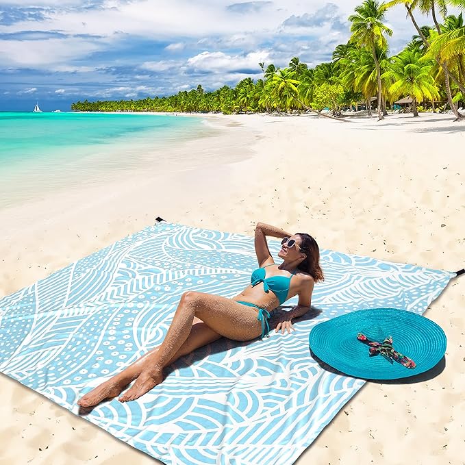 Beach Blanket Waterproof Sandproof Beach Mat for 1-8 Adults Quick Drying Durable Outdoor Picnic Mat for Beach Festival Travel Camping Hiking (BL-Ripple, 79"×83"(4 Person))