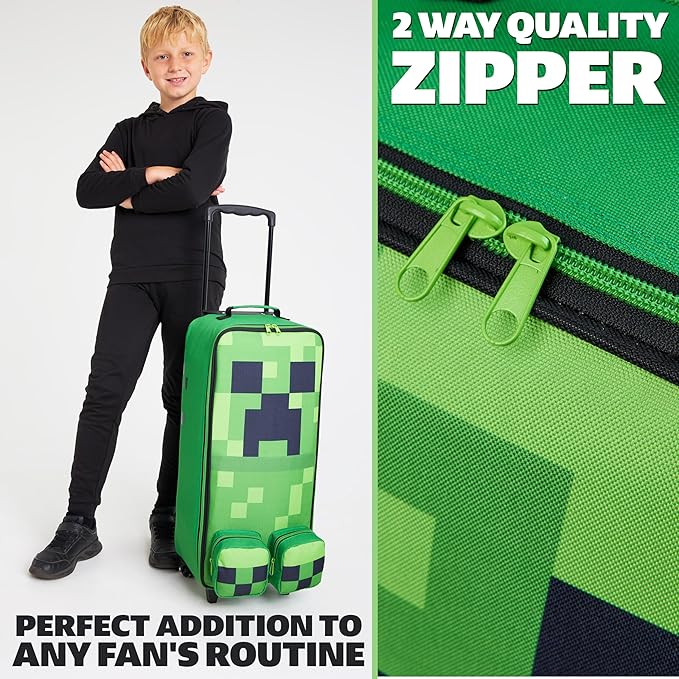 Minecraft Kids Luggage with Wheels Foldable Rolling Suitcase Creeper Travel Bag Vacation Weekend Trips Travel Essentials (L25.2inch x W9.8inch - 17L, Green)