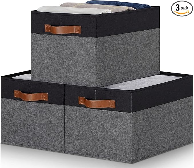 Large Fabric Storage Bins, Foldable Fabric Storage Baskets for Shelves, Sturdy Storage Boxes with PU Handles for Organizing Closet Home Bedroom Office (26L, 3 Packs, Grey&Black)
