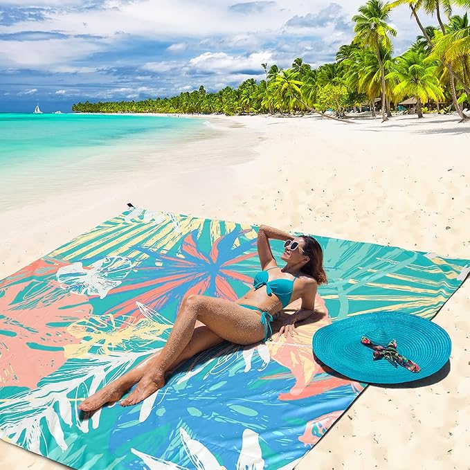 Beach Blanket Waterproof Sandproof Beach Mat for 1-8 Adults Quick Drying Durable Outdoor Picnic Mat for Beach Festival Travel Camping Hiking (Colorful-Palm, 79"×83"(4 Person))