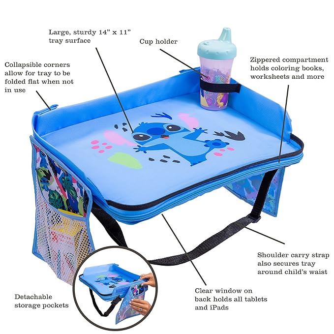 J.L. Childress Disney Baby 3-IN-1 Kids Travel Tray & Tablet Holder - Car Seat Lap Tray Desk for Toddlers, Road Trip Essentials, Car Seat Activity Table, Travel Accessories - Stitch