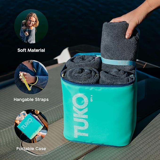 MISSION Tuko Microfiber Beach Towel Set with Water-Resistant Carrying Case for Boating and Swimming (Teal Bag Holder, 60L x 30W, Set of 4)