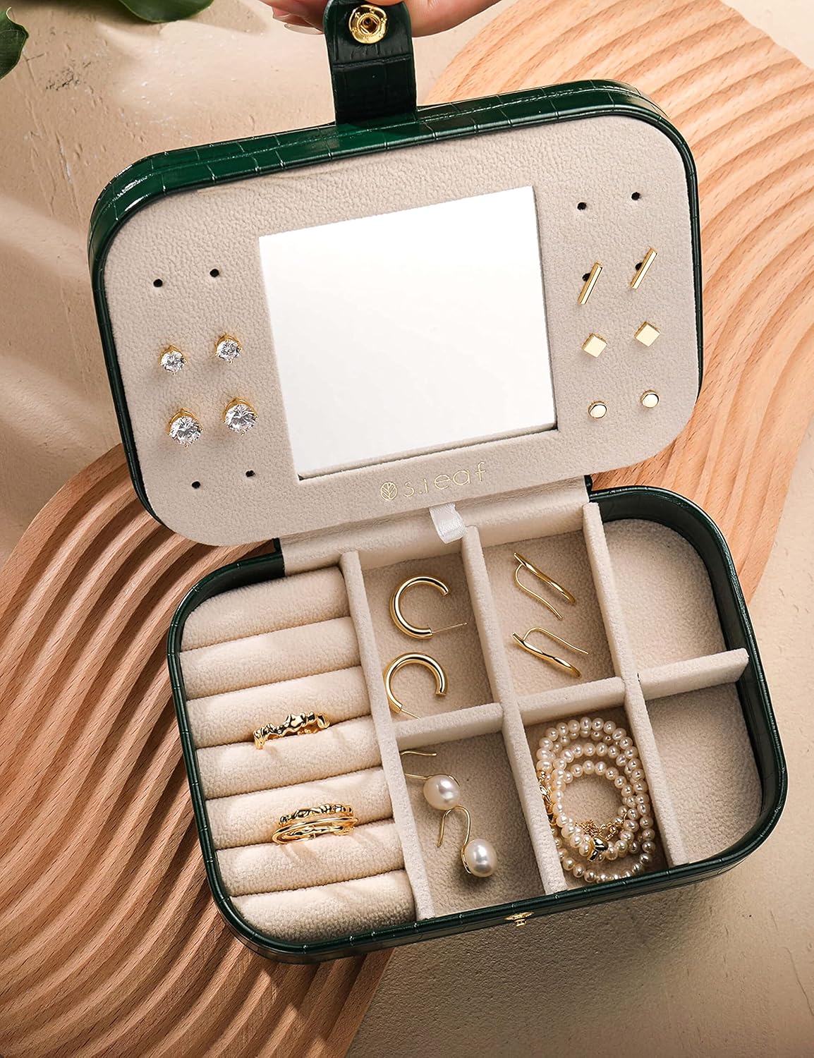 S.Leaf Mini Travel Jewelry Case - Portable Jewelry Box for Women (13 Crocodile Emerald Big)