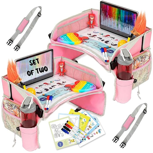 PILLANI Kids Travel Tray for Car Seat - Carseat Tray w/ iPad Holder & Dry Erase Board, Road Trip Activities - Toddler Lap Desk Organizer for Airplane - Roadtrip & Travel Essentials - Pack of 2, Pink