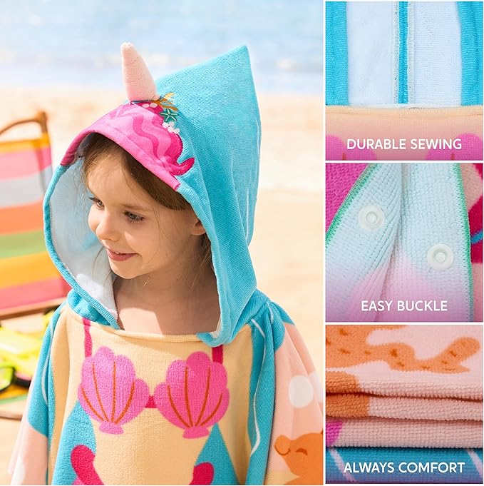 Joiedomi Kids Beach Towels with Hood for Girls Pink Mermaid Hooded Toddler Bath Towel Quick Dry Soft Microfiber 24"x24"