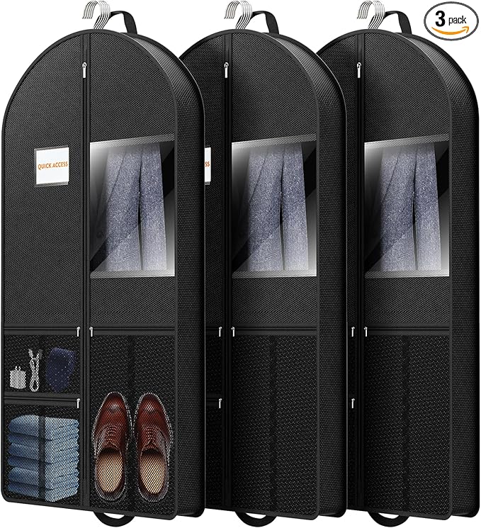 Garment Bag Travel Suit Storage: 54 Inch 3 Packs Fabric Breathable Zippered - Clothes Covers Carry Shoe Pockets Lightweight - Men Travel Wardrobe Protector Hanging Up Multiple
