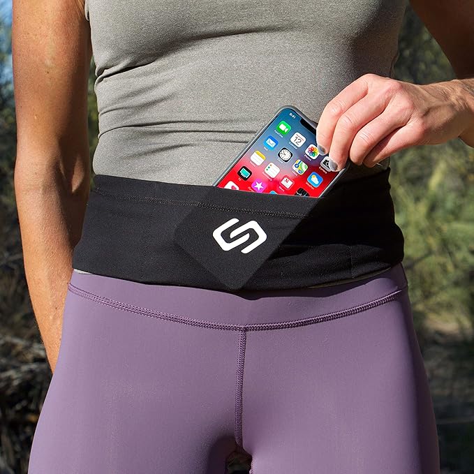 Sporteer VersaSlim Running Belt - Low-Profile Workout Waist Pack for Gym & HIIT - Zero-Bounce Minimalist Phone Holder for Activewear - Nylon Spandex Blend (Black, Large)