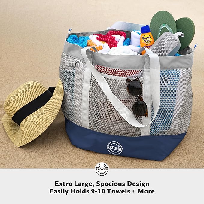 STOVER Extra Large Mesh Beach Bag, Vacation, Pool, Shopping & Travel Tote - Foldable w/Storage Pouch & Pockets for Women, Men
