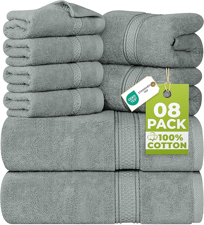 Utopia Towels 8 Piece Luxury Towel Set – Majestic Plush, Super Absorbent & Quicker-to-Dry, Thick 100% Ring Spun Cotton Towels for Bathroom, Spa & Hotel – 2 Bath, 2 Hand, 4 Washcloths, Cool Grey