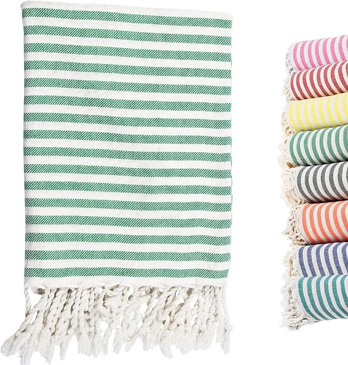Turkish Striped Beach Towels Bulk Oversized 39"x71" Large Bath and Pool Set Quick Dry Lightweight Travel Towel for Adult,100% Cotton TEBT-18-1green